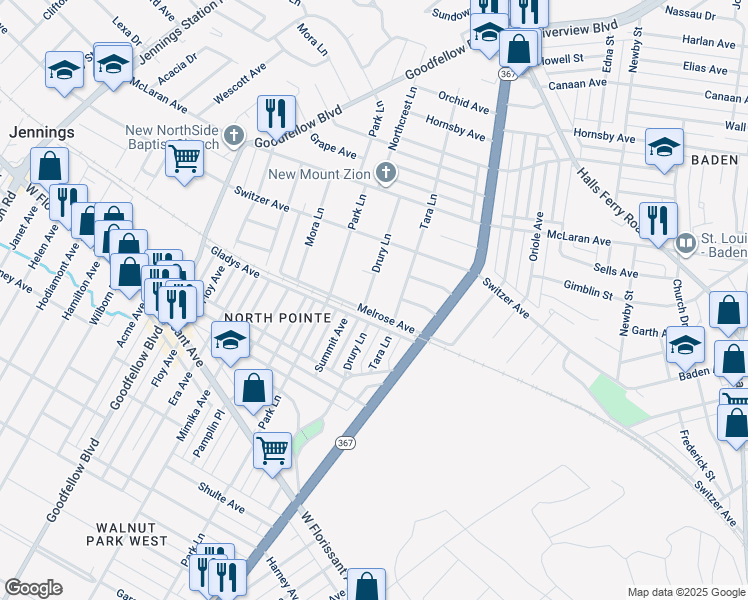 map of restaurants, bars, coffee shops, grocery stores, and more near 8510 Drury Lane in St. Louis