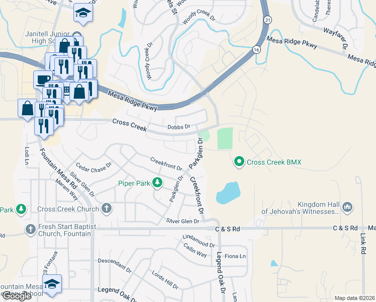 map of restaurants, bars, coffee shops, grocery stores, and more near 7674 Sandy Springs Point in Fountain