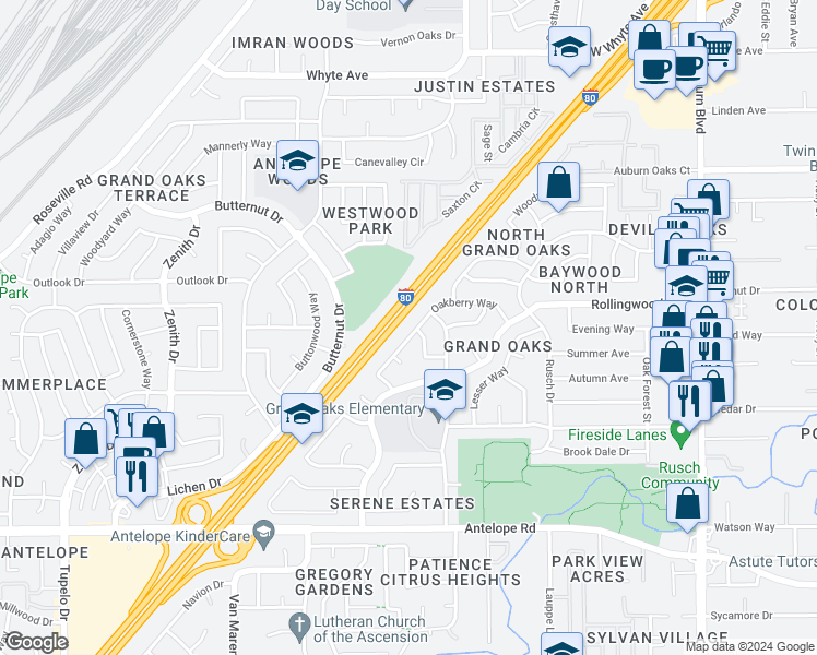 map of restaurants, bars, coffee shops, grocery stores, and more near 7221 Oakberry Way in Citrus Heights
