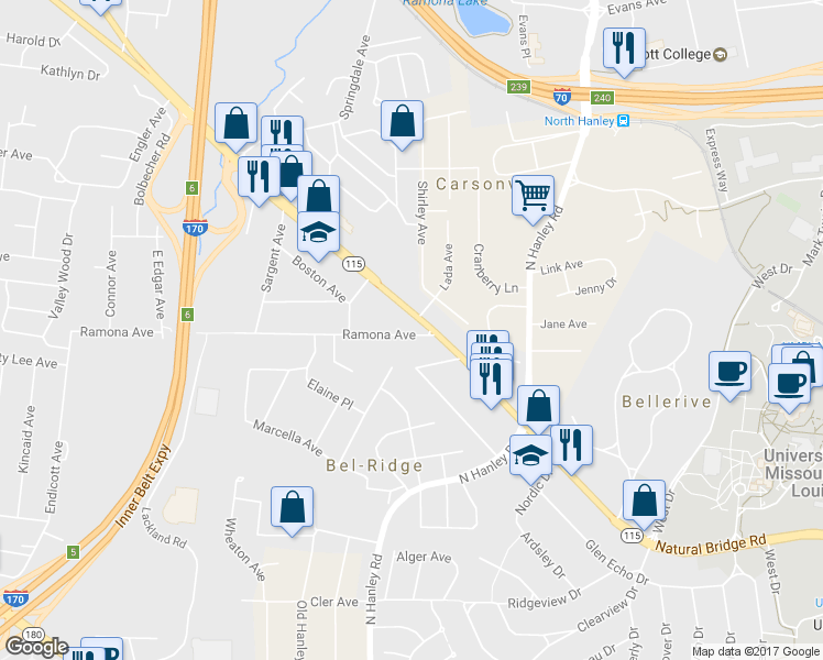 map of restaurants, bars, coffee shops, grocery stores, and more near 8813 Ramona Avenue in St. Louis