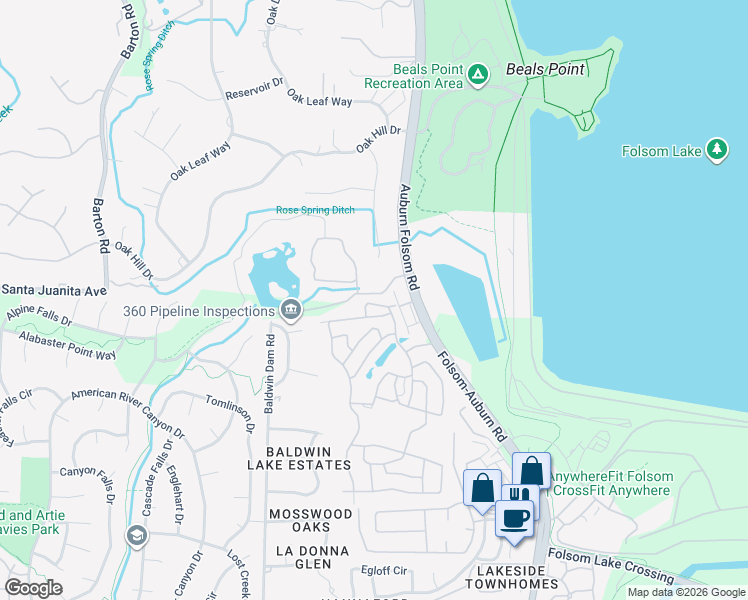 map of restaurants, bars, coffee shops, grocery stores, and more near 361 Overbrook Drive in Folsom