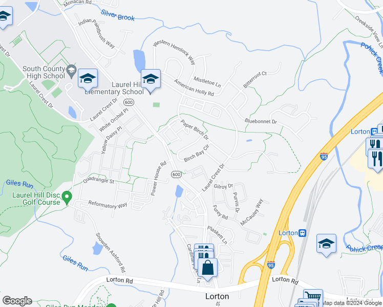 map of restaurants, bars, coffee shops, grocery stores, and more near 8985 Birch Bay Circle in Lorton