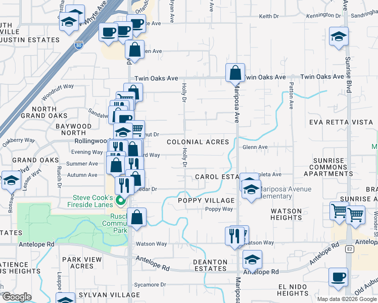 map of restaurants, bars, coffee shops, grocery stores, and more near 8116 Holly Drive in Citrus Heights