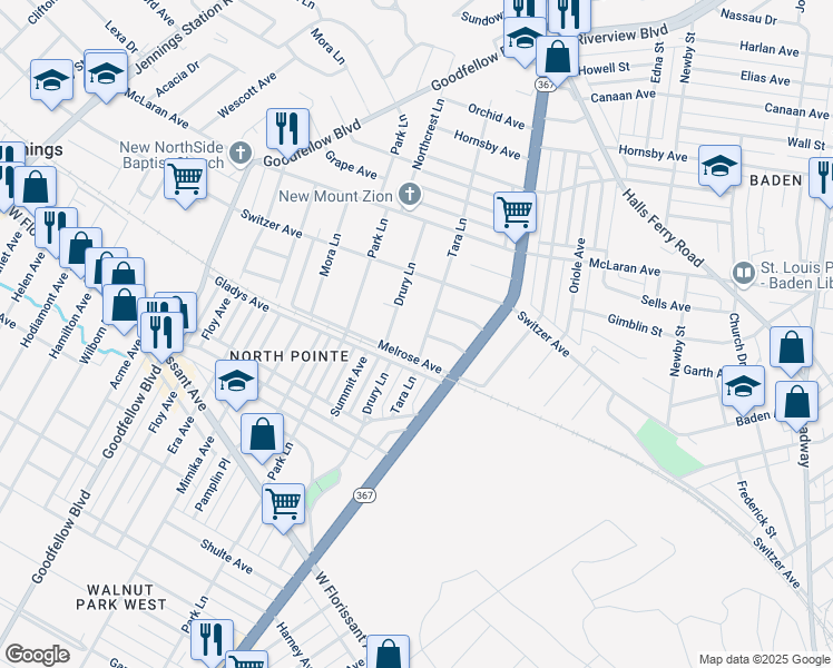 map of restaurants, bars, coffee shops, grocery stores, and more near 8510 Drury Lane in St. Louis