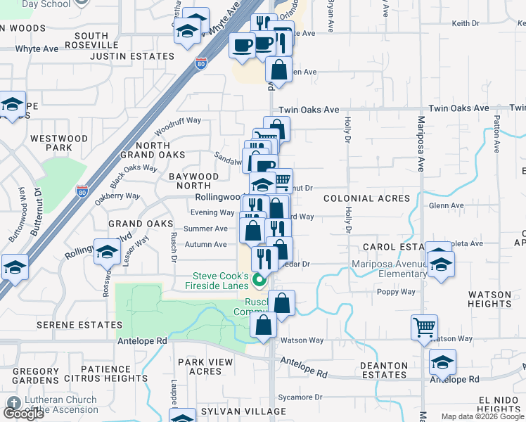 map of restaurants, bars, coffee shops, grocery stores, and more near 7484 Evening Way in Citrus Heights