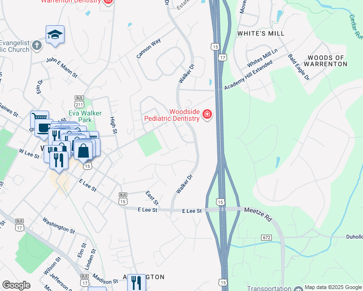 map of restaurants, bars, coffee shops, grocery stores, and more near 252 Windward Court in Warrenton