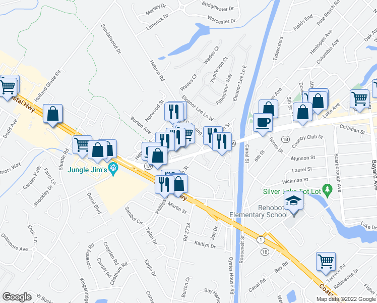 map of restaurants, bars, coffee shops, grocery stores, and more near 37239 Rehoboth Avenue in Rehoboth Beach