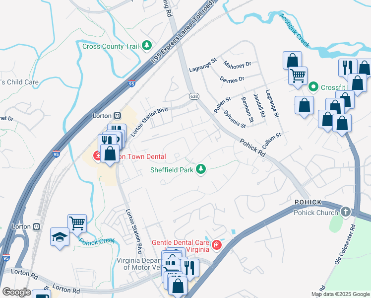 map of restaurants, bars, coffee shops, grocery stores, and more near 7651 Wolford Way in Lorton