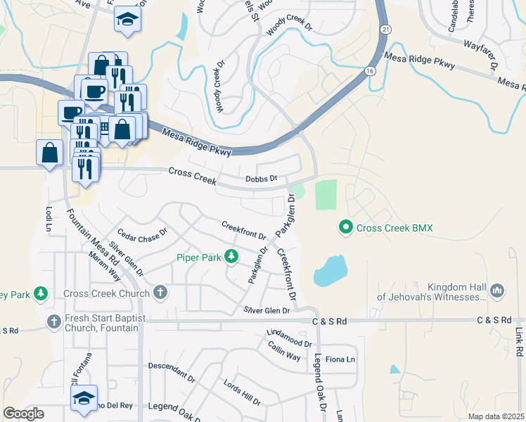 map of restaurants, bars, coffee shops, grocery stores, and more near 7812 Sandy Springs Point in Fountain