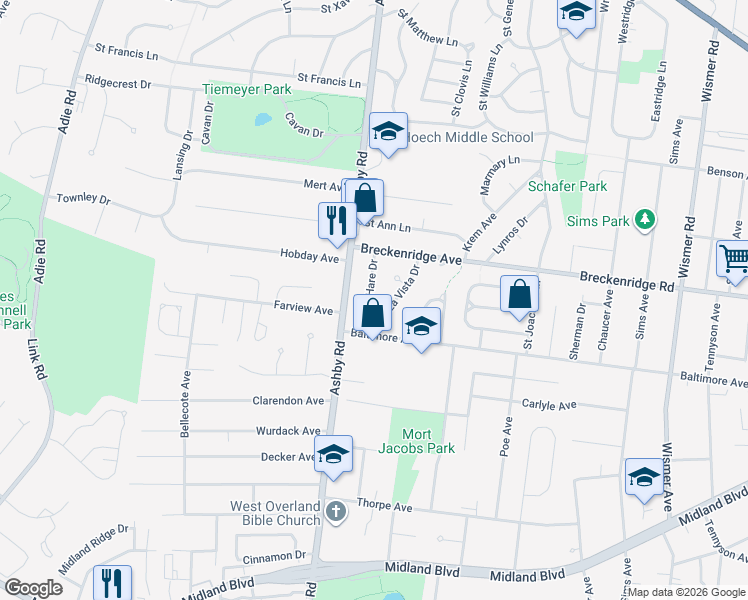 map of restaurants, bars, coffee shops, grocery stores, and more near 3123 La Vista Drive in Saint Ann