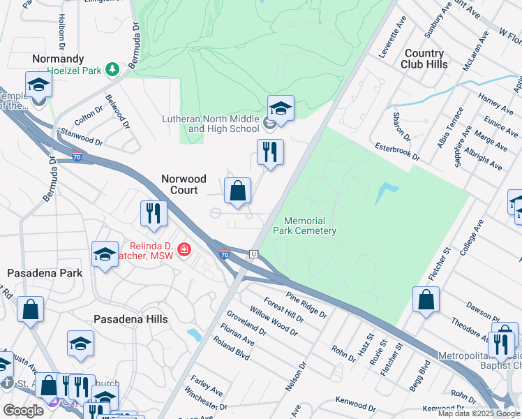 map of restaurants, bars, coffee shops, grocery stores, and more near 7213 Burrwood Drive in St. Louis