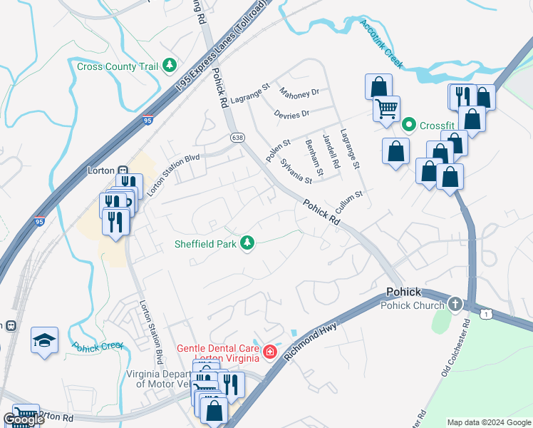 map of restaurants, bars, coffee shops, grocery stores, and more near 7614 Sheffield Green Way in Lorton