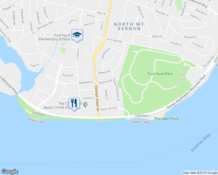 map of restaurants, bars, coffee shops, grocery stores, and more near 9005 Beatty Drive in Alexandria
