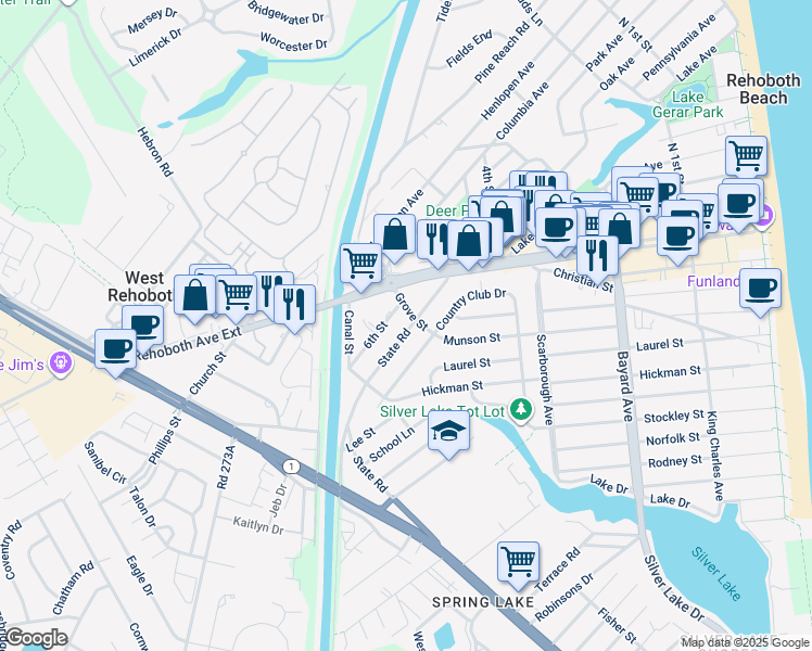 map of restaurants, bars, coffee shops, grocery stores, and more near 2 State Road in Rehoboth Beach