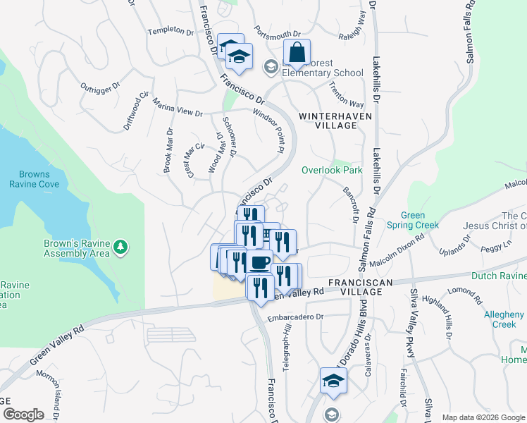 map of restaurants, bars, coffee shops, grocery stores, and more near 3025 Village Center Drive in El Dorado Hills