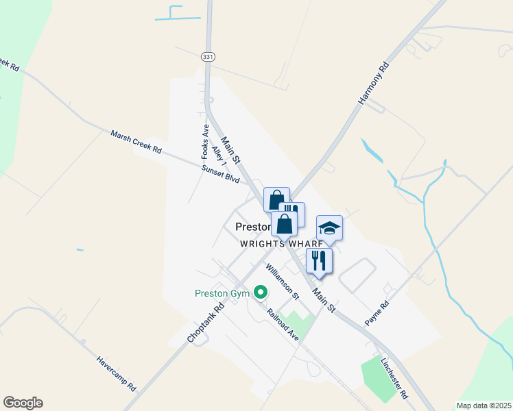 map of restaurants, bars, coffee shops, grocery stores, and more near 150 Main Street in Preston