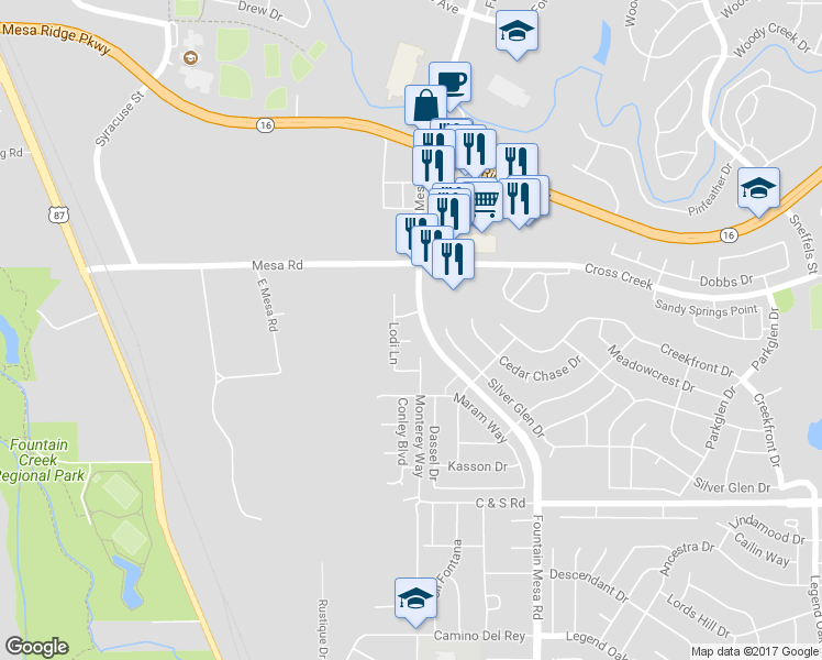 map of restaurants, bars, coffee shops, grocery stores, and more near 6766 Pinedrops Court in Fountain