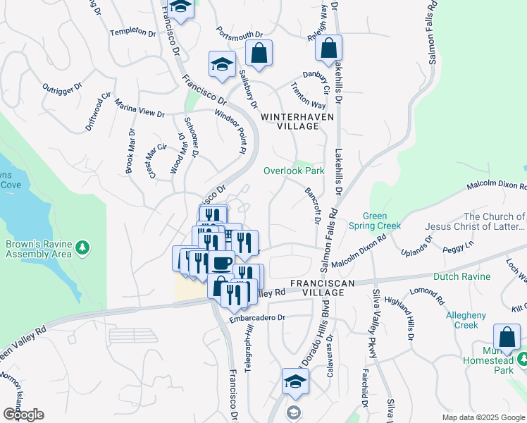 map of restaurants, bars, coffee shops, grocery stores, and more near 3348 Kensington Drive in Folsom