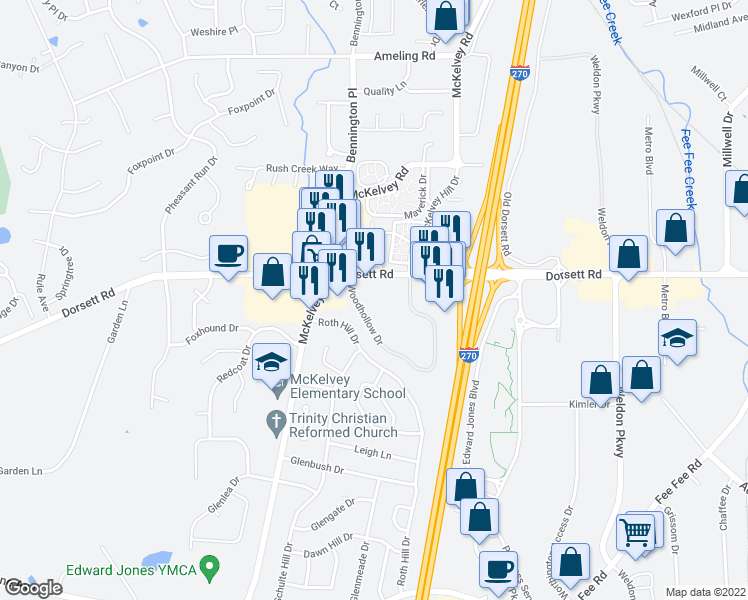 map of restaurants, bars, coffee shops, grocery stores, and more near 1872 Woodhollow Drive in Maryland Heights