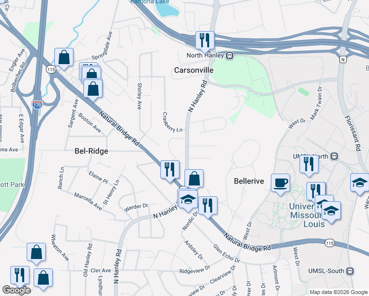 map of restaurants, bars, coffee shops, grocery stores, and more near 3915 North Hanley Road in St. Louis