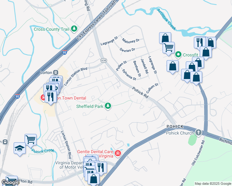 map of restaurants, bars, coffee shops, grocery stores, and more near 7614 Sheffield Green Way in Lorton
