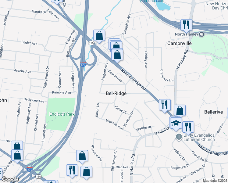 map of restaurants, bars, coffee shops, grocery stores, and more near 8921 Ramona Avenue in Saint Louis