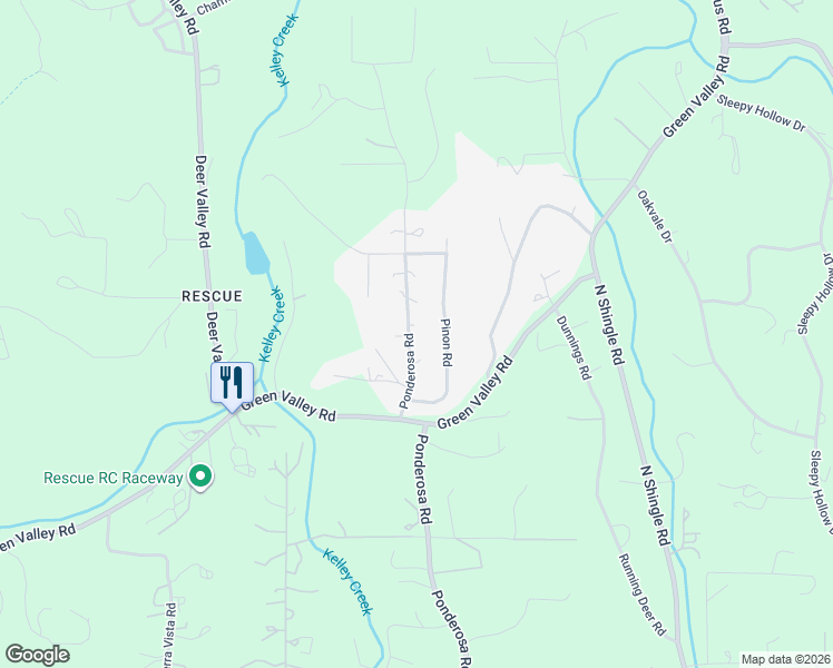 map of restaurants, bars, coffee shops, grocery stores, and more near 2375 Ponderosa Road in Rescue