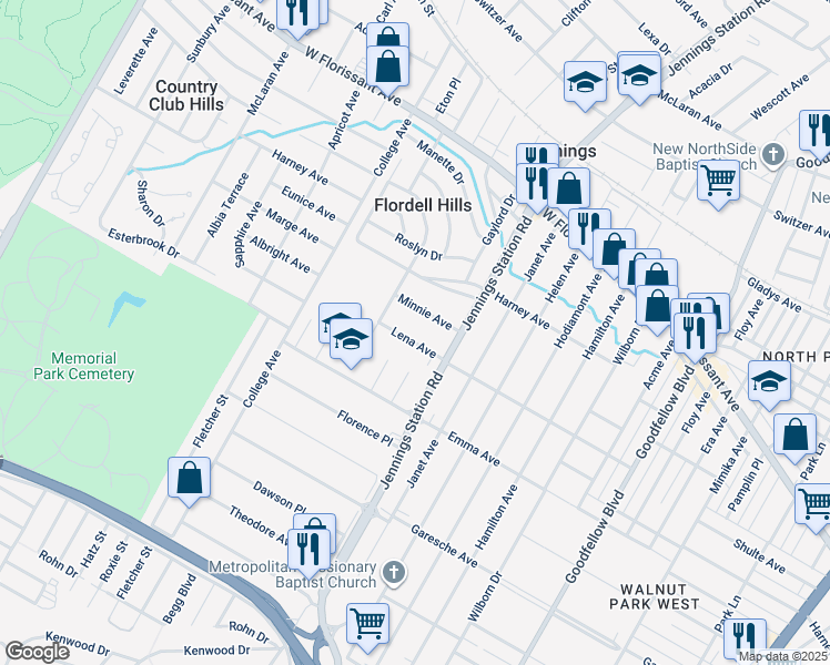 map of restaurants, bars, coffee shops, grocery stores, and more near 7019 Lena Avenue in Jennings