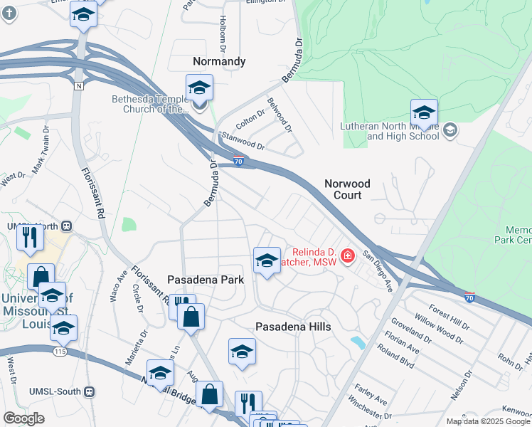 map of restaurants, bars, coffee shops, grocery stores, and more near 7515 San Diego Avenue in St. Louis