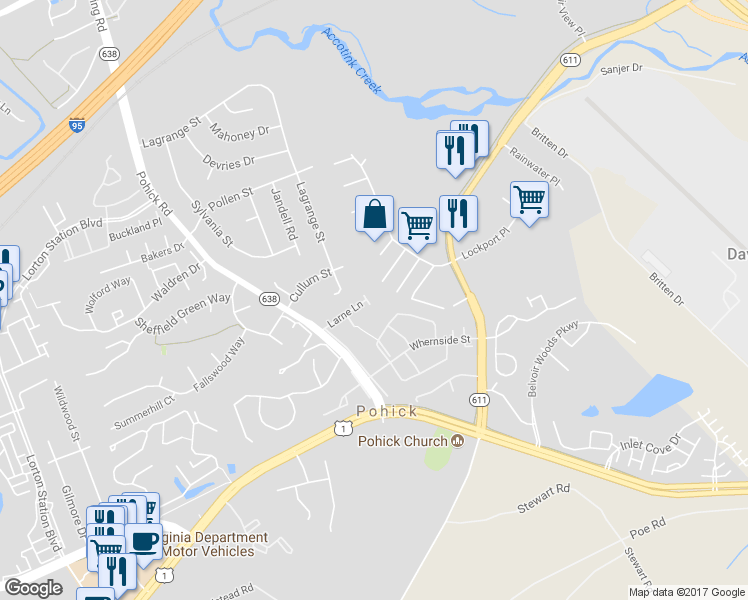 map of restaurants, bars, coffee shops, grocery stores, and more near 7407 Larne Lane in Lorton