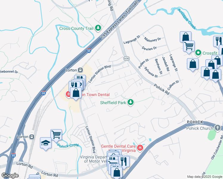 map of restaurants, bars, coffee shops, grocery stores, and more near 7723 Wolford Way in Lorton