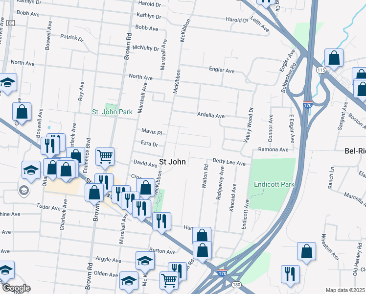 map of restaurants, bars, coffee shops, grocery stores, and more near 3414 Havenbrook Drive in St. Louis