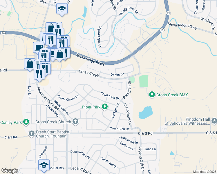 map of restaurants, bars, coffee shops, grocery stores, and more near 7896 Sandy Springs Point in Fountain