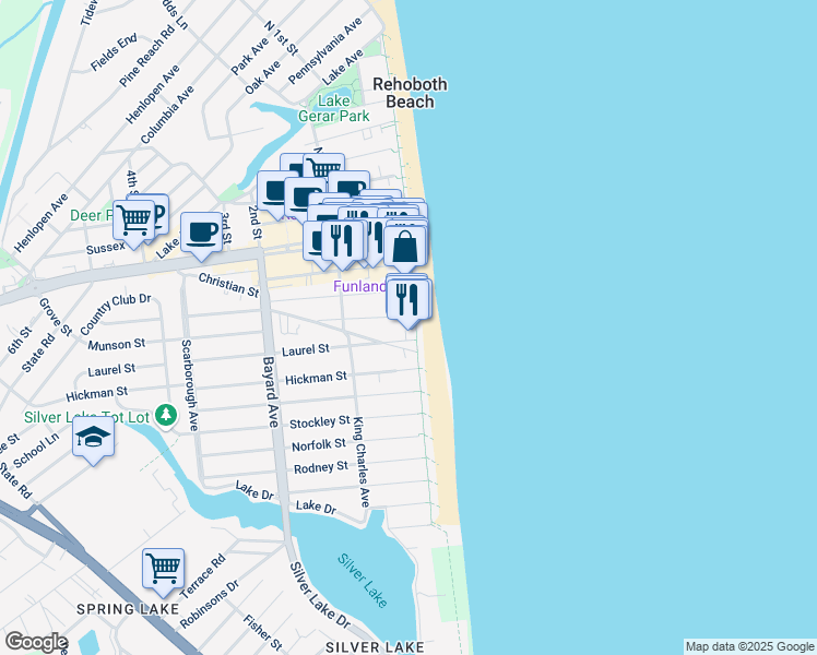 map of restaurants, bars, coffee shops, grocery stores, and more near 307 South Boardwalk in Rehoboth Beach