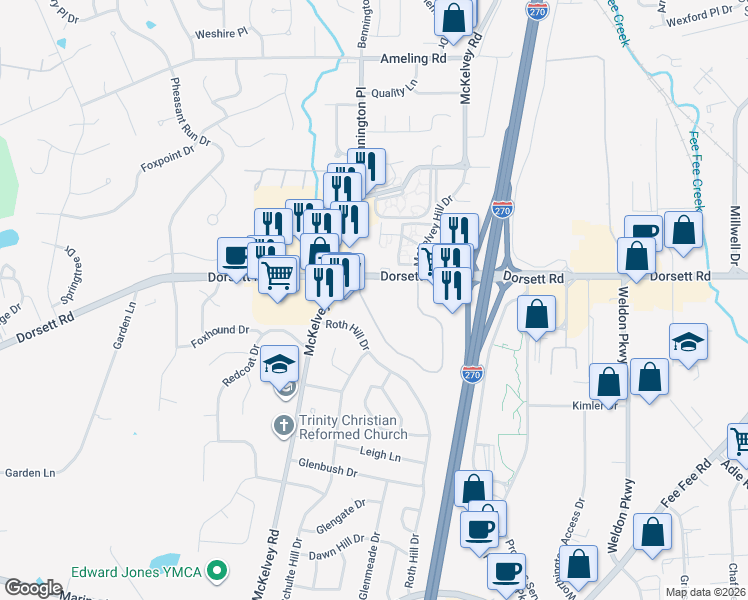 map of restaurants, bars, coffee shops, grocery stores, and more near 1876 Woodhollow Drive in Maryland Heights