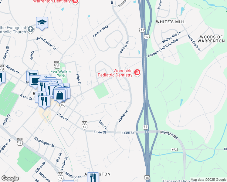 map of restaurants, bars, coffee shops, grocery stores, and more near 151 Sterling Court in Warrenton