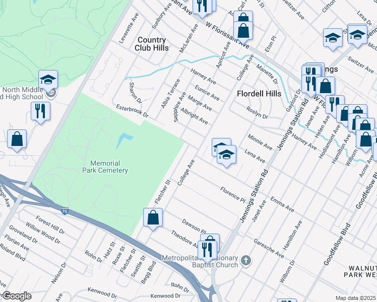 map of restaurants, bars, coffee shops, grocery stores, and more near 5429 College Avenue in Jennings
