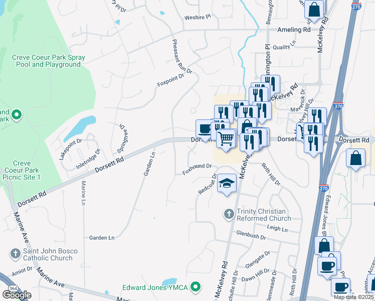 map of restaurants, bars, coffee shops, grocery stores, and more near 1822 Pheasant Run Drive in Maryland Heights
