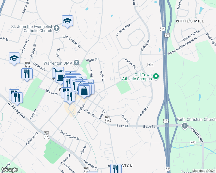map of restaurants, bars, coffee shops, grocery stores, and more near 81 High Street in Warrenton