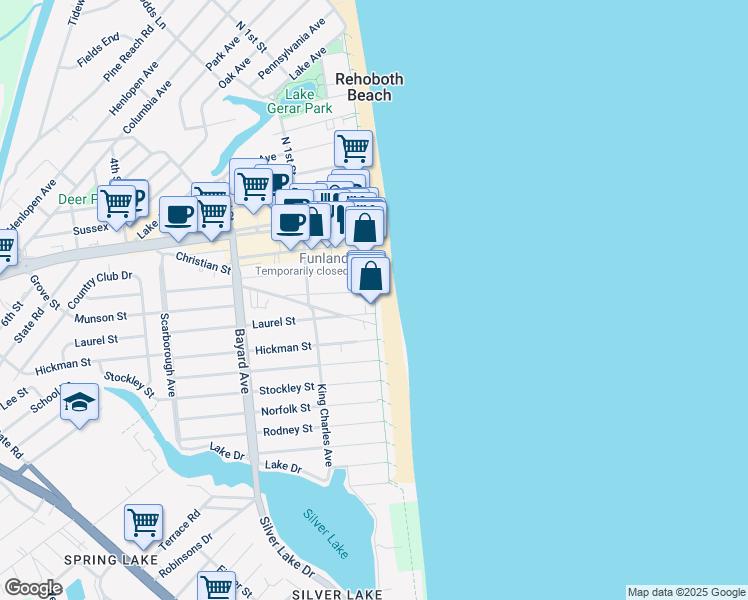 map of restaurants, bars, coffee shops, grocery stores, and more near 5 Laurel Street in Rehoboth Beach