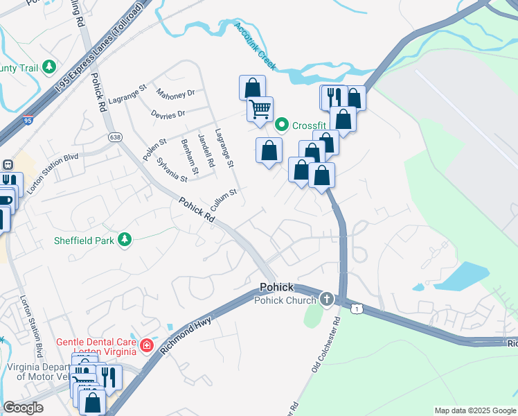 map of restaurants, bars, coffee shops, grocery stores, and more near 7408 Larne Lane in Lorton