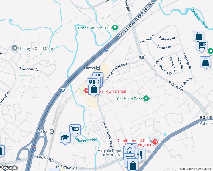 map of restaurants, bars, coffee shops, grocery stores, and more near 9007 Harrover Place in Lorton