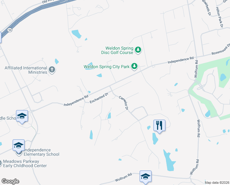 map of restaurants, bars, coffee shops, grocery stores, and more near 5368 Tower Hill Court in Weldon Spring