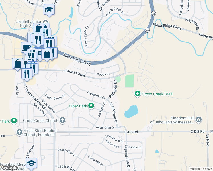 map of restaurants, bars, coffee shops, grocery stores, and more near 8150 Snow Bowl Heights in Fountain