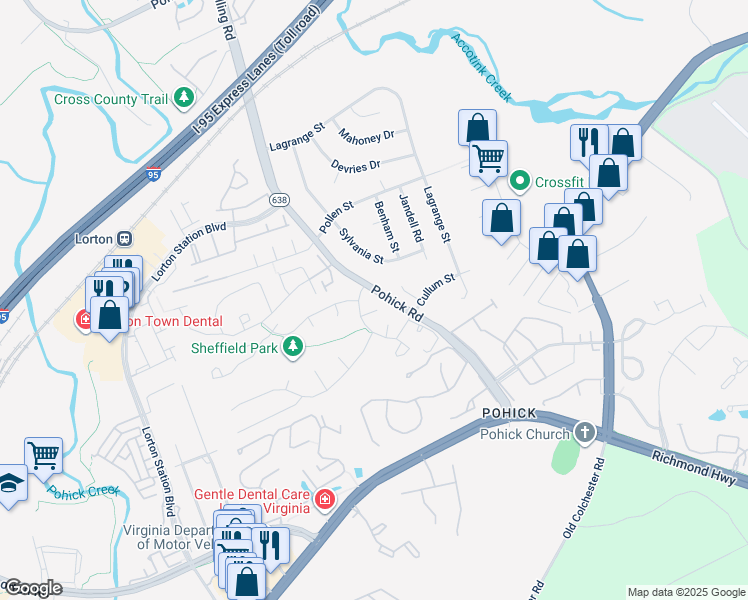 map of restaurants, bars, coffee shops, grocery stores, and more near 7604 Surry Grove Court in Lorton