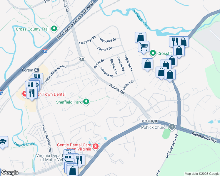 map of restaurants, bars, coffee shops, grocery stores, and more near 7604 Surry Grove Court in Lorton