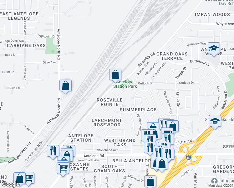 map of restaurants, bars, coffee shops, grocery stores, and more near 6145 Piccolo Court in Citrus Heights
