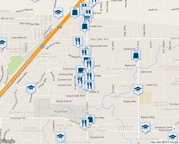 map of restaurants, bars, coffee shops, grocery stores, and more near 8128 Auburn Boulevard in Citrus Heights