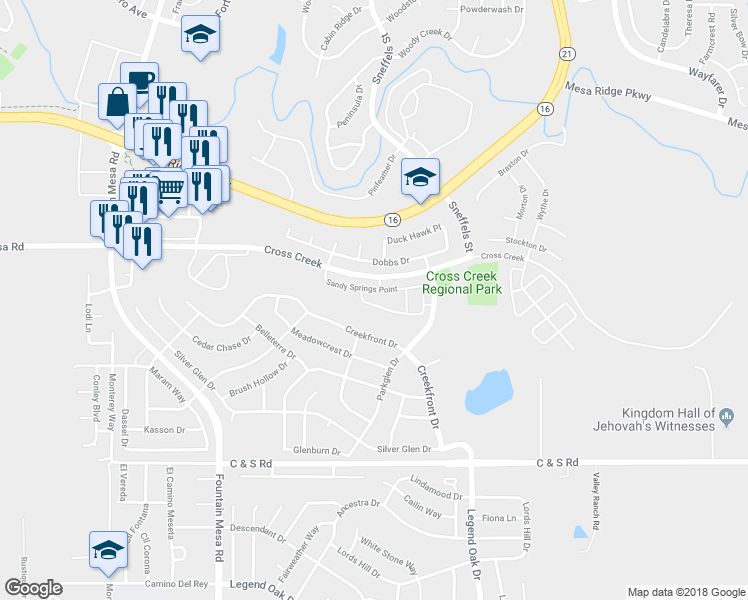 map of restaurants, bars, coffee shops, grocery stores, and more near 7861 Sandy Springs Point in Fountain
