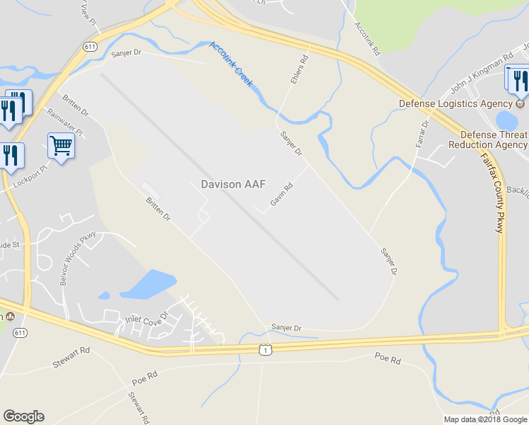 map of restaurants, bars, coffee shops, grocery stores, and more near Gavin Road in Fort Belvoir